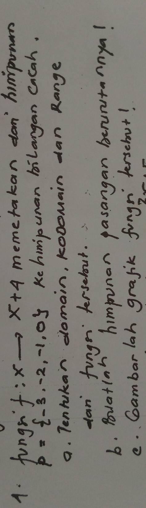 fungr f:xto x+4 memetakan dom himponan
p= -3,-2,-1,0 Ke himipunan bilangan cacah. 
a. Tentukan domain, kooomain dan Range 
dan fungor fersebout. 
b. Batiah himpunar pasangan benuntannya! 
e. Cambarlah grafik fungn fersebut!