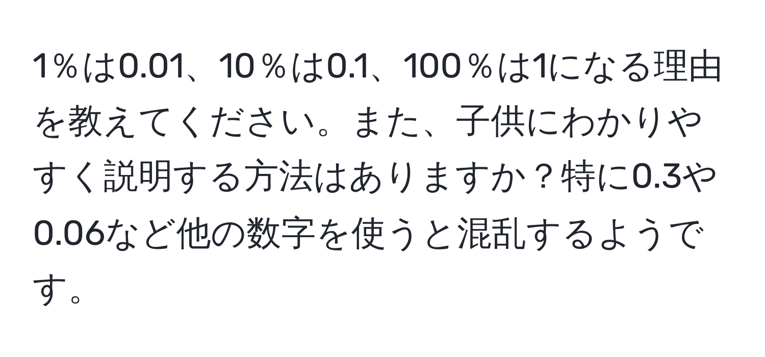 1％は0.01、10％は0.1、100％は1になる理由を教えてください。また、子供にわかりやすく説明する方法はありますか？特に0.3や0.06など他の数字を使うと混乱するようです。