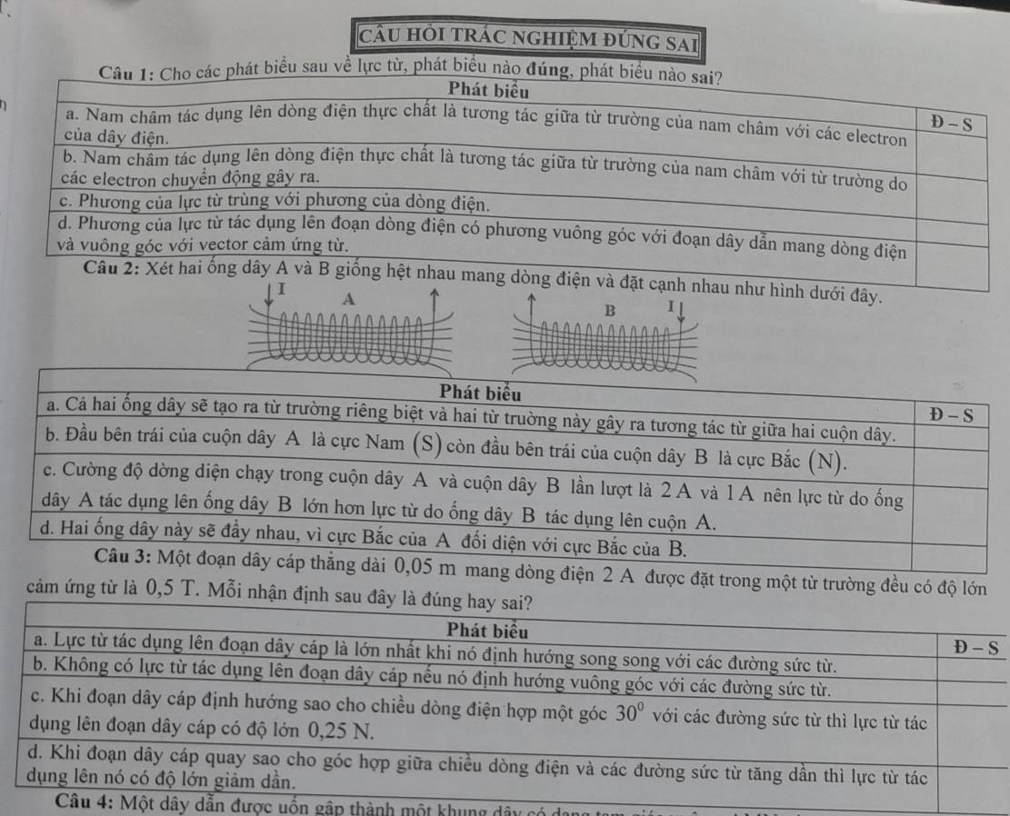 câu hỜi trÁC nGHIỆM đúng sai
ình dưới đây.
A
B I
c đặt trong một từ trường đều có độ lớn
cảm ứng từ là 0,5 T. Mỗi nhận định sa
n được uốn gập thành một khung dây có c