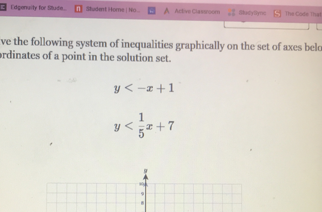 Edgenuity for Stude... n Student Home | No... B Active Classroom StudySync The Code That
lve the following system of inequalities graphically on the set of axes belo
ordinates of a point in the solution set.
y
y