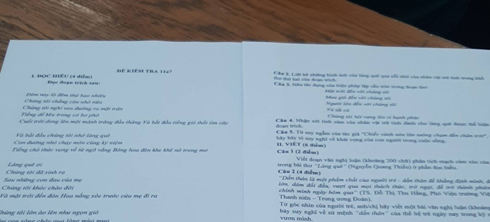 Đê kiém TRA 1187 Cầu 2. Liệt kê những hình ánh của làng quê qua nổi nhớ của nhân vật trờ tình trong khổ
L ĐQC HIÊU (4 điểm)
thơ thứ hai của đoạn trích.
Đọc đoạn trích sau: Cầu 3. Nêu tác dụng của biện pháp lập cầu trúc trong đoạn ta
Mặt trời đến với chúng tới
Mưa giố đến với chúng tối
Đêm nay là đêm thử bao nhiệu Người lớn đến với chủng tối
Chúng tối chắng còn nhớ nữa Và tắt cả
Chủng tối nghỉ ven đường ra mặt trận
Chúng tôi hét vang lên vì hạnh phúc
Tiếng để kêu trang có bơ phờ Câu 4, Nhận xét tình căm của nhân vật trữ tình dành cho làng quê được thể hiện
Cuối trời đong lên một mành trăng đầu tháng Và bắt đầu tiếng gió thổi tìm cây doạn trích.
Câu 5. Từ suy ngẫm của tác già "Chiếc vành nôn lăn tướng chạm đến chân trời",
Và bắt đầu chúng tới nhớ làng quê hãy bảy tỏ suy nghĩ về khát vọng của con người trong cuộc sống.
Con đường nhỏ chạy môn cùng kỳ niệm
II VIÉT (6 điểm)
Tiếng chó thức vọng về từ ngõ vắng Bóng hoa đèn khe khẽ nở trong mơ
Câu 1 (2 điểm)
Viết đoạn văn nghị luận (khoảng 200 chữ) phân tích mạch cảm xúc của
Làng quê ơi
trong bái thơ "Làng quê" (Nguyễn Quang Thiều) ở phần đọc hiểu.
Câu 2 (4 điểm)
Chủng tôi đã sinh ra  'Dẫn thân là một phẩm chất của người trẻ - dẫn thân để khẳng định mình, đ
Sau những cơn đau của mẹ lớn, dám đổi đầu, vượt qua mọi thách thức, trở ngại, để trở thành phiên
Chứng tôi khóc chào đời chính mình ngày hôm qua'' (TS. Đỗ Thị Thu Hằng, Phó Viện trường Viê
Và mặt trời đến đôn Hoa nắng xòe trước cửa mẹ đi ra
Thanh niên - Trung ương Đoàn).
Từ góc nhìn của người trẻ, anh/chị hãy viết một bài văn nghị luận (khoảng
bày suy nghĩ về sử mệnh "dẫn thân" của thể hệ trẻ ngày nay trong kỷ  n
thúng tôi lớn ào lên như ngọn gió vươn mình.