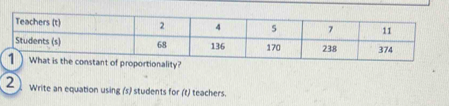 portionality? 
2 ) Write an equation using (s) students for (t) teachers.