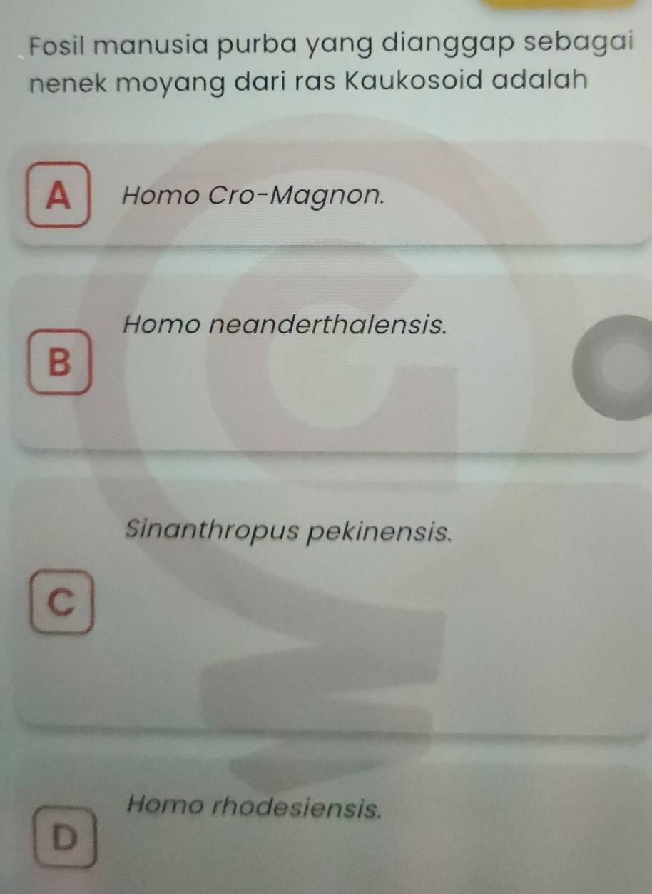 Fosil manusia purba yang dianggap sebagai
nenek moyang dari ras Kaukosoid adalah
A Homo Cro-Magnon.
Homo neanderthalensis.
B
Sinanthropus pekinensis.
C
Homo rhodesiensis.
D