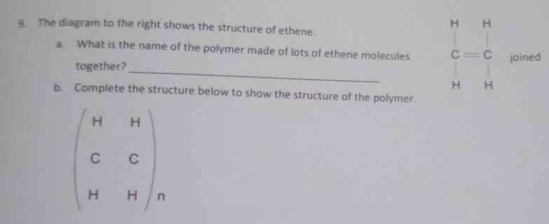 The diagram to the right shows the structure of ethene.
a. What is the name of the polymer made of lots of ethene molecules c=c joined
together?_
beginarrayr  H&Hendarray
b. Complete the structure below to show the structure of the polymer