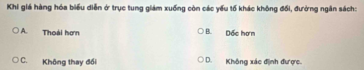 Khi giá hàng hóa biểu diễn ở trục tung giảm xuống còn các yếu tố khác không đối, đường ngân sách:
A. Thoải hơn B. Dốc hơn
C. Không thay đổi D. Không xác định được.