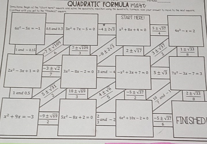 QUADRATIC FORMULA MSO_
Crecton: Begin at the 'Shart herel' square 
FINISHED