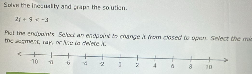 Solve the inequality and graph the solution.
2j+9
Plot the endpoints. Select an endpoint to change it from closed to open. Select the mi 
the segment, ray, or line to delete it.