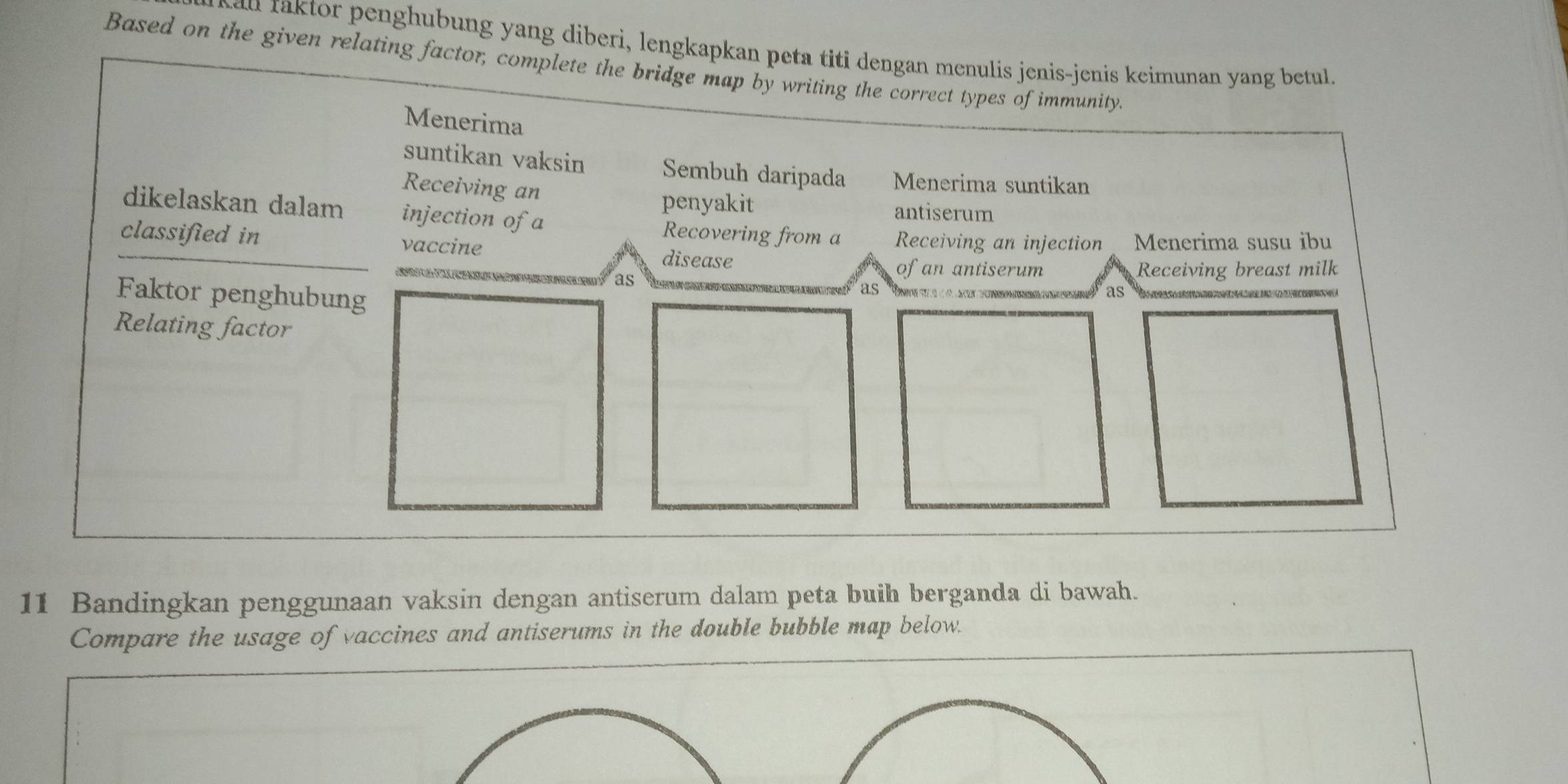 au a r penghubung yang diberi, lengkapkan peta titi dengan menulis jenis-jenis keimunan yang betul. 
Based on the given relating factor; complete the bridge map by writing the correct types of immunity. 
Menerima 
suntikan vaksin Sembuh daripada Menerima suntikan 
Receiving an 
penyakit antiserum 
dikelaskan dalam injection of a Recovering from a Receiving an injection Menerima susu ibu 
classified in vaccine disease 
as 
of an antiserum Receiving breast milk 
Faktor penghubung 
as 
as 
Relating factor 
11 Bandingkan penggunaan vaksin dengan antiserum dalam peta buih berganda di bawah. 
Compare the usage of vaccines and antiserums in the double bubble map below.