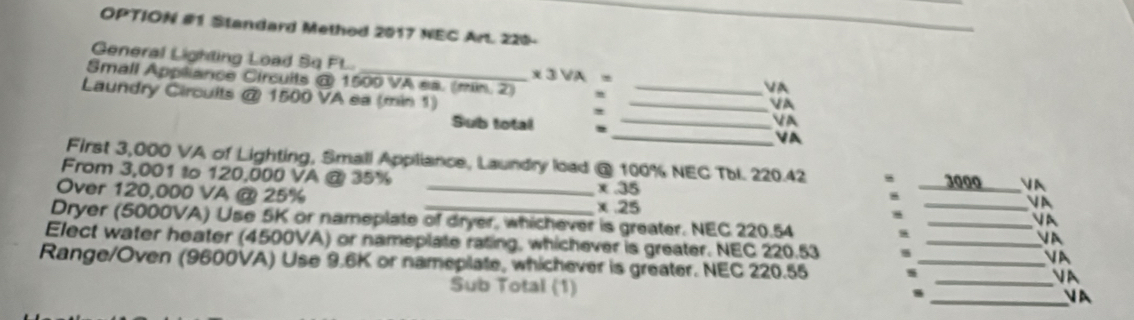 OPTION #1 Standard Method 2017 NEC Art. 220- 
General Lighting Load Sq FL. * 3V A . VA 
Small Appliance Circults @ 1509 VA es. (min. 2) VA 
Laundry Circuits @ 1500 VA ea (min 1) ___VA 
Sub total , _VA 
First 3,000 VA of Lighting, Small Appliance, Laundry load @ 100% NEC Tbl. 220.42
From 3,001 to 120,000 VA @ 35% * 35 _ 3000 _VA 
Over 120,000 VA @ 25% _
* .25
V 
VA 
Dryer (5000VA) Use 5K or nameplate of dryer, whichever is greater. NEC 220.54 ___VA 
Elect water heater (4500VA) or nameplate rating, whichever is greater. NEC 220.53
_VA 
Range/Oven (9600VA) Use 9.6K or namepilate, whichever is greater. NEC 220.55
Sub Total (1) 
_VA 
8 
_VA