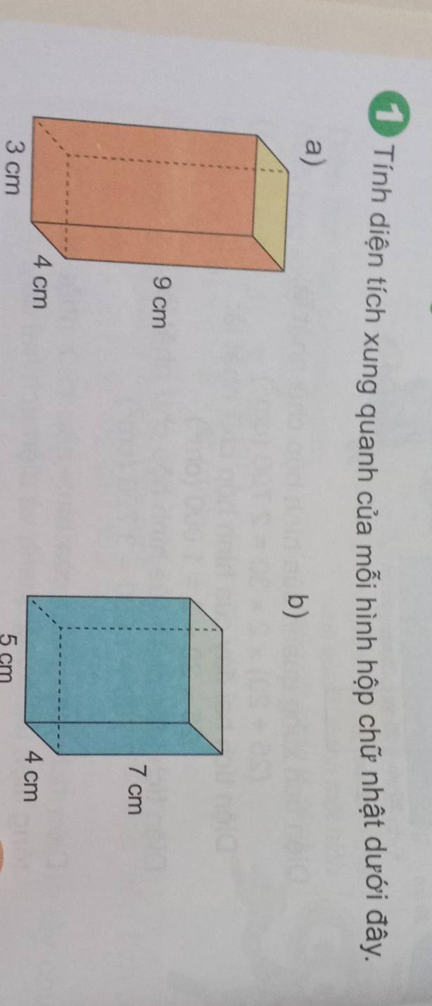 Tí Tính diện tích xung quanh của mỗi hình hộp chữ nhật dưới đây. 
a) 
b)

3 cm 5 cm