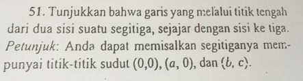 Tunjukkan bahwa garis yang meľalui titik tengah 
dari dua sisi suatu segitiga, sejajar dengan sisi ke tiga. 
Petunjuk: Anda dapat memisalkan segitiganya mem- 
punyai titik-titik sudut (0,0), (a,0) , dan  b,c.