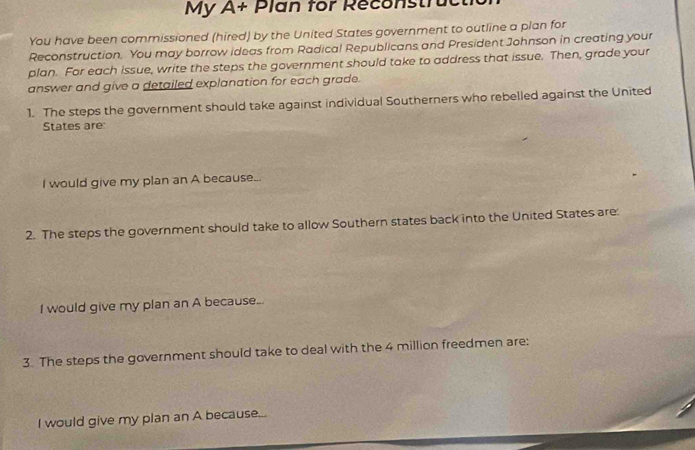 My A+ Plan for Reconstruc 
You have been commissioned (hired) by the United States government to outline a plan for 
Reconstruction. You may borrow ideas from Radical Republicans and President Johnson in creating your 
plan. For each issue, write the steps the government should take to address that issue. Then, grade your 
answer and give a detailed explanation for each grade. 
1. The steps the government should take against individual Southerners who rebelled against the United 
States are: 
I would give my plan an A because... 
2. The steps the government should take to allow Southern states back into the United States are: 
I would give my plan an A because... 
3 The steps the government should take to deal with the 4 million freedmen are: 
I would give my plan an A because...