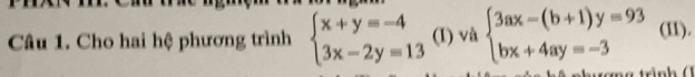 Cho hai hệ phương trình beginarrayl x+y=-4 3x-2y=13endarray. (I) và beginarrayl 3ax-(b+1)y=93 bx+4ay=-3endarray. (I1).