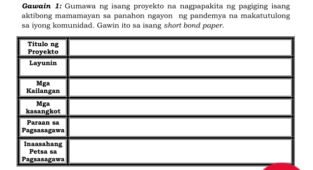 Gawain 1: Gumawa ng isang proyekto na nagpapakita ng pagiging isang 
aktibong mamamayan sa panahon ngayon ng pandemya na makatutulong 
sa iyong komunidad. Gawin ito sa isang short bond paper.