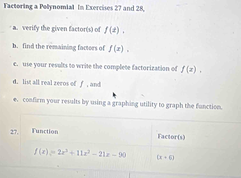 Factoring a Polynomial In Exercises 27 and 28,
a. verify the given factor(s) of f(x),
b. find the remaining factors of f(x),
c. use your results to write the complete factorization of f(x),
d. list all real zeros of f , and
e. confirm your results by using a graphing utility to graph the function.