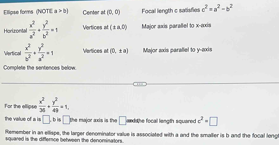 Ellipse forms (NOTE a>b) Center at (0,0) Focal length c satisfies c^2=a^2-b^2
Horizontal  x^2/a^2 + y^2/b^2 =1 Vertices at (± a,0) Major axis parallel to x-axis
Vertical  x^2/b^2 + y^2/a^2 =1 Vertices at (0,± a) Major axis parallel to y-axis
Complete the sentences below.
For the ellipse  x^2/36 + y^2/49 =1, 
the value of a is □ , b is □ the major axis is the □ andshe focal length squared c^2=□
Remember in an ellispe, the larger denominator value is associated with a and the smaller is b and the focal leng
squared is the differnce between the denominators.