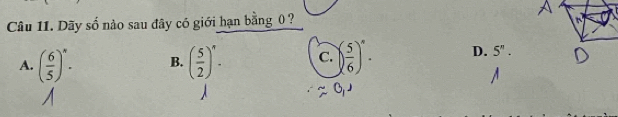 Dãy số nào sau đây có giới hạn bằng 0 ?
A. ( 6/5 )^n. B. ( 5/2 )^n. C. ( 5/6 )^n· D. 5^n.