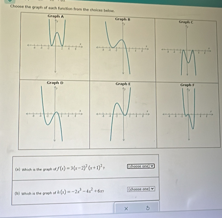 Choose the graph of each function from the choices below. 
(a) Which is the graph of f(x)=3(x-2)^2(x+1)^2 ? (choose one 
(b) Which is the graph of h(x)=-2x^3-4x^2+6x? (choose one) 
× 5