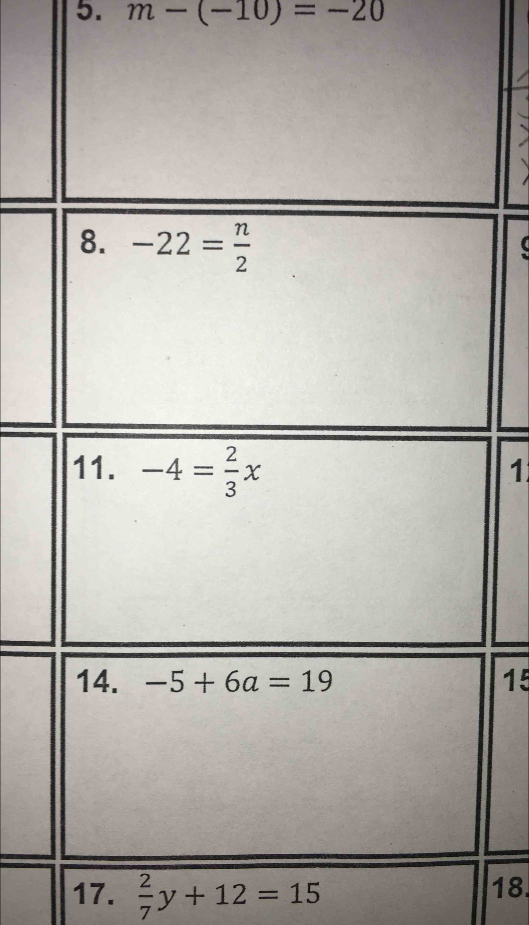 m-(-10)=-20
1
15
17.  2/7 y+12=15
18.