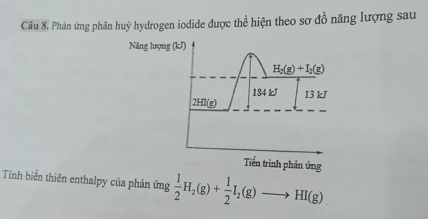 Phản ứng phân huỷ hydrogen iodide được thể hiện theo sơ đồ năng lượng sau 
Năng lượng (kJ)
H_2(g)+I_2(g)
184 kJ 13 kJ
2HI(g)
Tiến trình phản ứng 
Tính biến thiên enthalpy của phản ứng  1/2 H_2(g)+ 1/2 I_2(g)to HI(g)