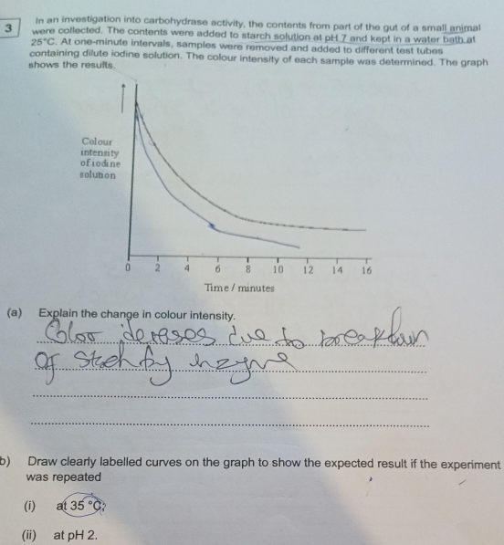 In an investigation into carbohydrase activity, the contents from part of the gut of a small animal
3 were coflected. The contents were added to starch solution at pH 7 and kept in a water bath at
25°C. At one-minute intervals, samples were removed and added to different test tubes 
containing dilute iodine solution. The colour intensity of each sample was determined. The graph 
shows the results. 
Colo 
inten 
ofiod 
soluti 
Time / minutes 
(a) Explain the change in colour intensity. 
_ 
_ 
_ 
_ 
b) Draw clearly labelled curves on the graph to show the expected result if the experiment 
was repeated 
(i) at 35°C
(ii) at pH 2.