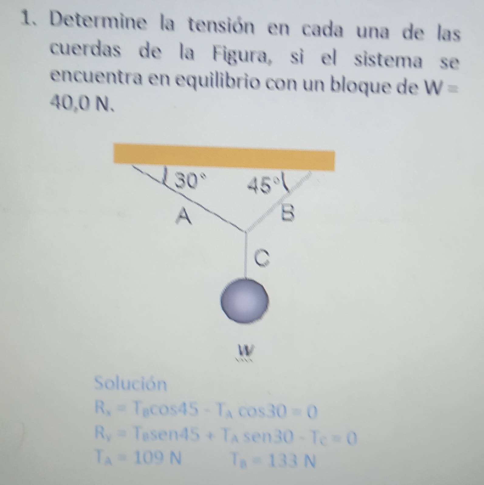 Determine la tensión en cada una de las 
cuerdas de la Figura, si el sistema se 
encuentra en equilibrio con un bloque de W=
40,0 N.
30°
45°| (-3,4)^2
A 
B
C
W
Solución
R_x=T_Bcos 45-T_Acos 30=0
R_y=T_asen 45+T_Asen 30-T_c=0
T_A=109N
T_B=133N