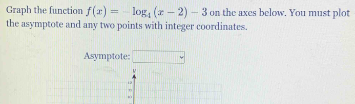 Graph the function f(x)=-log _4(x-2)-3 on the axes below. You must plot 
the asymptote and any two points with integer coordinates. 
Asymptote: □