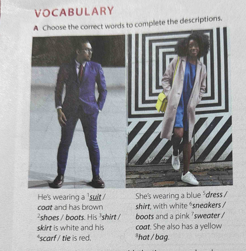 VOCABULARY 
ords to complete the descriptions. 
He's wearing a 1. suit / She's wearing a blue 5 dress / 
coat and has brown shirt, with white 6 sneakers / 
²shoes / boots. His 3 shirt / boots and a pink frac  sweater / 
skirt is white and his coat. She also has a yellow 
^scarf / tie is red. *hat / bag.