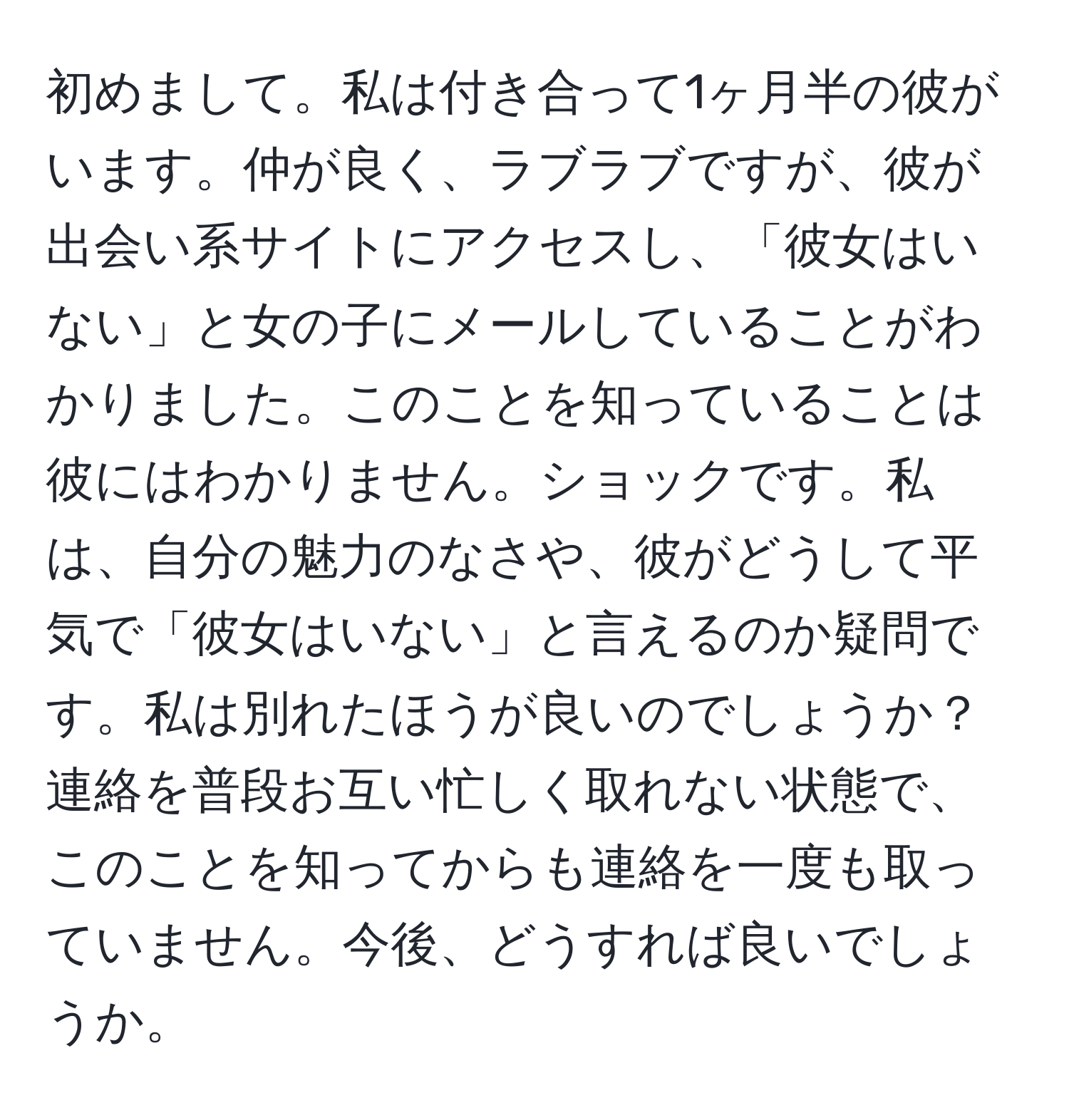 初めまして。私は付き合って1ヶ月半の彼がいます。仲が良く、ラブラブですが、彼が出会い系サイトにアクセスし、「彼女はいない」と女の子にメールしていることがわかりました。このことを知っていることは彼にはわかりません。ショックです。私は、自分の魅力のなさや、彼がどうして平気で「彼女はいない」と言えるのか疑問です。私は別れたほうが良いのでしょうか？連絡を普段お互い忙しく取れない状態で、このことを知ってからも連絡を一度も取っていません。今後、どうすれば良いでしょうか。