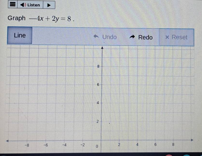 Listen 
Graph -4x+2y=8. 
Line Undo Redo × Reset