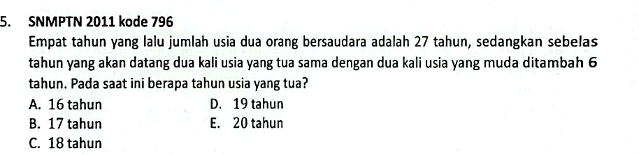 SNMPTN 2011 kode 796
Empat tahun yang lalu jumlah usia dua orang bersaudara adalah 27 tahun, sedangkan sebelas
tahun yang akan datang dua kali usia yang tua sama dengan dua kali usia yang muda ditambah 6
tahun. Pada saat ini berapa tahun usia yang tua?
A. 16 tahun D. 19 tahun
B. 17 tahun E. 20 tahun
C. 18 tahun