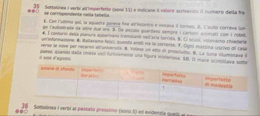 Sottolinea i verbi all'imperfetto (sono 11) e indicane il valore scrivendo il numero della fra- 
●○ se corrispondente nella tabella. 
1. Con l'ultimo gol, la squadra poneva fine all'incontro e vinceva il torneo. 2. L'auto correva lun- 
go l'autostrada da oltre due ore. 3. Da piccolo guardavo sempre i cartoni animati con i robot. 
4. I contorni della pianura apparivano tremolanti nell'aria torrida. 5. Ci scusi, volevaro chiederle 
un informazione. 6, Ballavamo felici, quando andó via la corrente. 7. Ogni mattina uscivo di casa 
verso le nove per recarmi all'università, 8. Volevo un etto di prosciutto. 9. La luna illuminava il 
paese, quando dalla chiesa usci furtivamente una figura misteriosa. 10. Il mare scintillava 
il sole d'agosto. 
ono 5) ed evidenzia quelli at