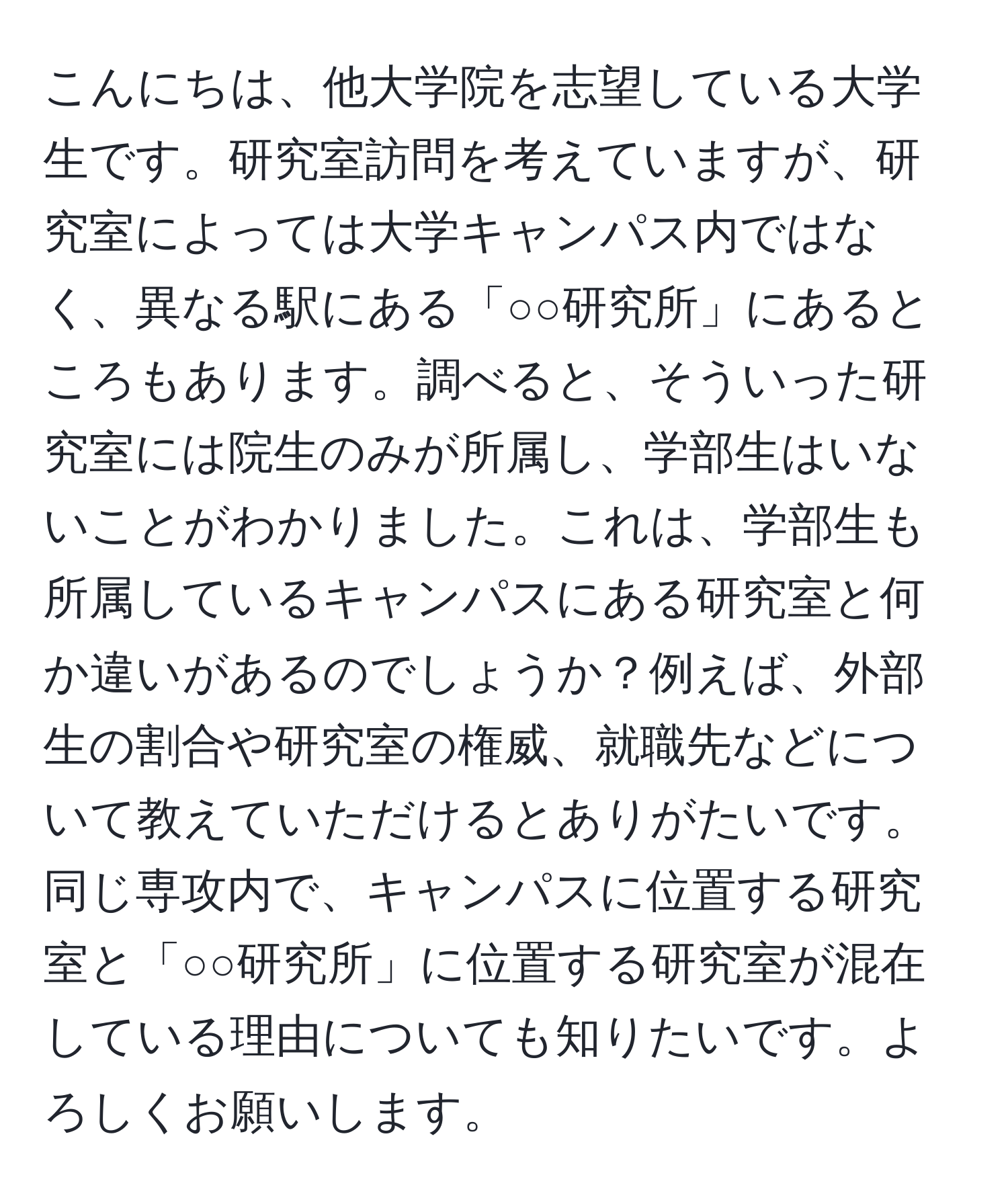 こんにちは、他大学院を志望している大学生です。研究室訪問を考えていますが、研究室によっては大学キャンパス内ではなく、異なる駅にある「○○研究所」にあるところもあります。調べると、そういった研究室には院生のみが所属し、学部生はいないことがわかりました。これは、学部生も所属しているキャンパスにある研究室と何か違いがあるのでしょうか？例えば、外部生の割合や研究室の権威、就職先などについて教えていただけるとありがたいです。同じ専攻内で、キャンパスに位置する研究室と「○○研究所」に位置する研究室が混在している理由についても知りたいです。よろしくお願いします。