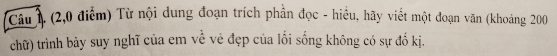 (2,0 điểm) Từ nội dung đoạn trích phần đọc - hiều, hãy viết một đoạn văn (khoảng 200
chữ) trình bày suy nghĩ của em về vẻ đẹp của lối sống không có sự đố kị.