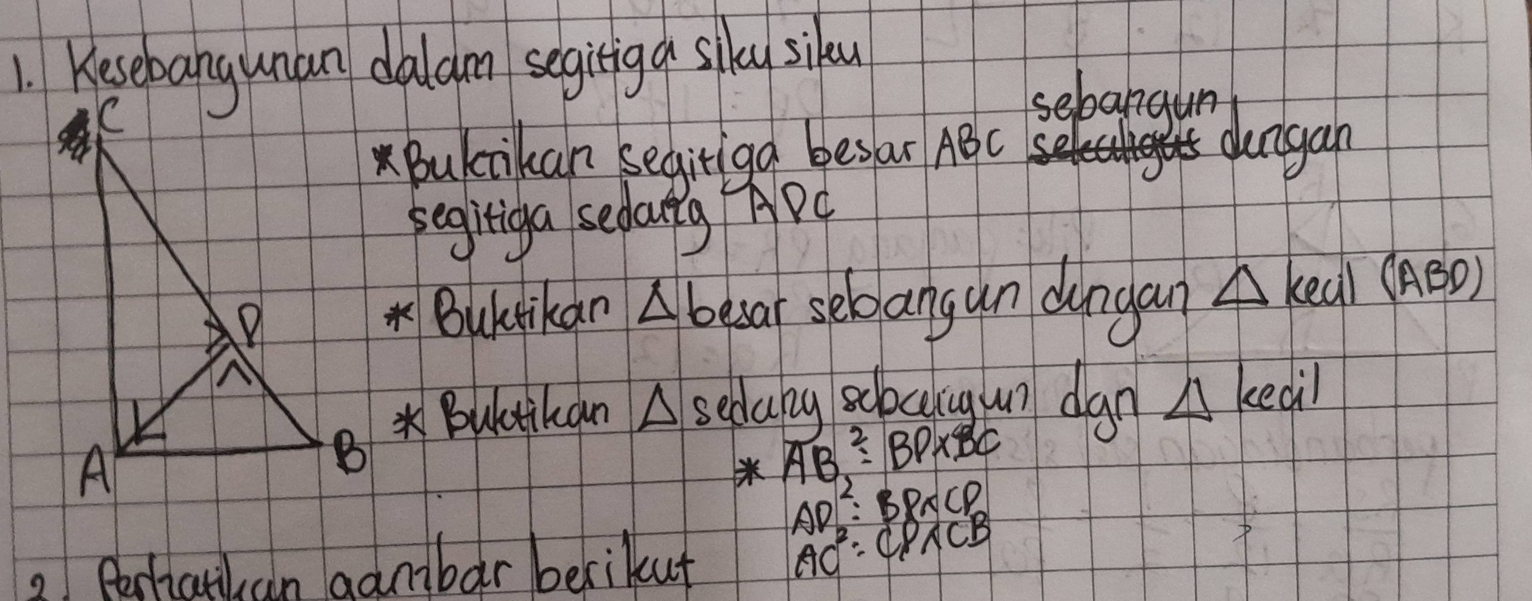 Kesebangunan daldm segitiga silu sileu 
sebangun 
ABukikan segitiga besar ABC
dengan 
segiriga sedatg APC 
Bubrikan A beear seloangun dongan △ Keal(ABD)
B * Bultikan A sedany schocig ui dgn △ Keail
AB^2=BP* BC
AD^2=BD* CD
2 Perhatil, can aanibar berikut
AC^2=CP* CB