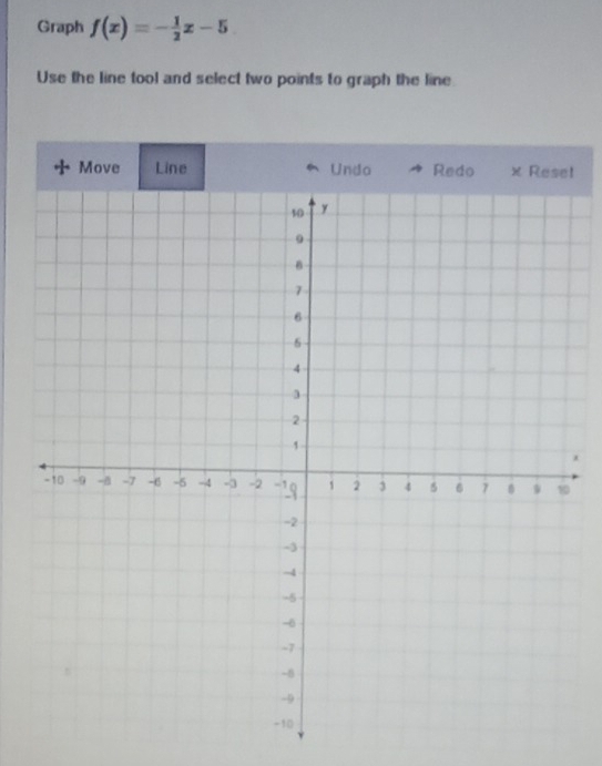 Graph f(x)=- 1/2 x-5
Use the line tool and select two points to graph the line 
Move Line Undo Redo ! 
*