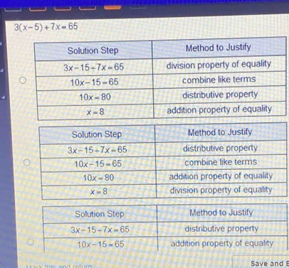 3(x-5)+7x=65
Save and