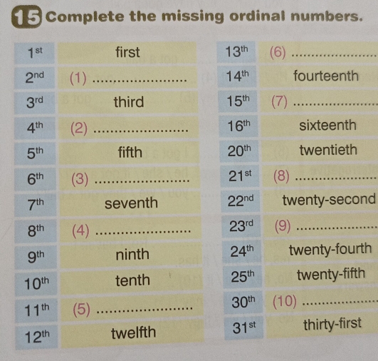 Complete the missing ordinal numbers.
nd
th
h
t