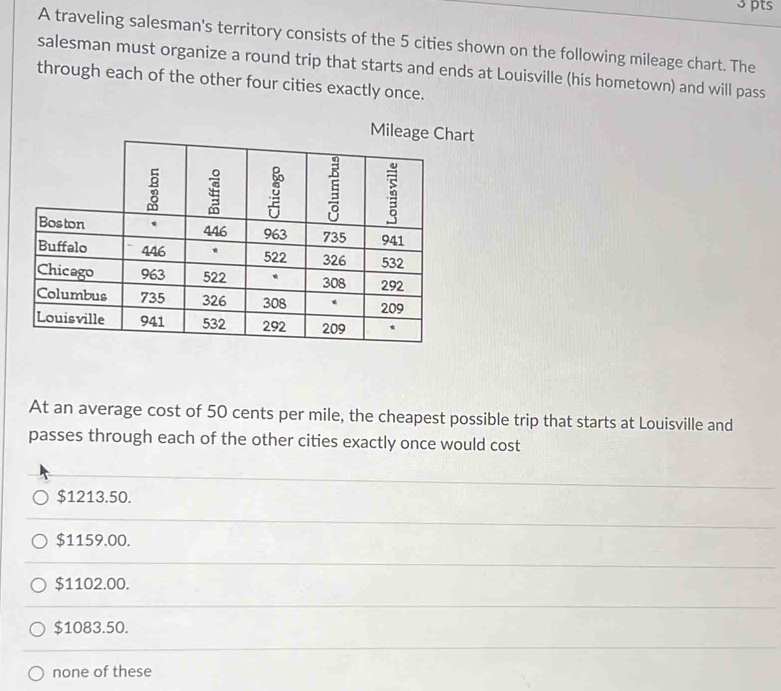 A traveling salesman's territory consists of the 5 cities shown on the following mileage chart. The
salesman must organize a round trip that starts and ends at Louisville (his hometown) and will pass
through each of the other four cities exactly once.
rt
At an average cost of 50 cents per mile, the cheapest possible trip that starts at Louisville and
passes through each of the other cities exactly once would cost
$1213.50.
$1159.00.
$1102.00.
$1083.50.
none of these