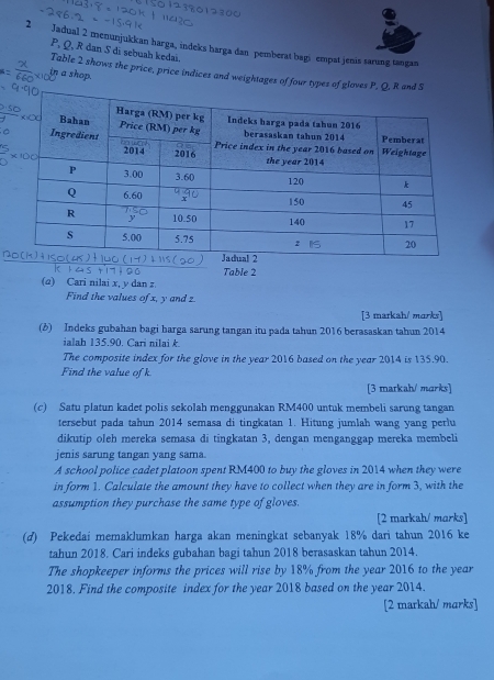 Jadual 2 menunjukkan harga, indeks harga dan pemberat bagi empat jenis sarung tangan P, Q, R dan S di sebuah kedai. 
Table 2 shows the price, price indices and weightages of four types of gloves 
in a shop. 
Table 2 
(2) Cari nilai x, y dan z. 
Find the values of x, y and z
[3 markah/ marks] 
(b) Indeks gubahan bagi harga sarung tangan itu pada tahun 2016 berasaskan tahun 2014 
ialah 135.90. Cari nilai k
The composite index for the glove in the year 2016 based on the year 2014 is 135.90. 
Find the value of k
[3 matkah/ marks] 
(c) Satu platun kadet polis sekolah menggunakan RM400 untuk membeli sarung tangan 
tersebut pada tahun 2014 semasa di tingkatan 1. Hitung jumlah wang yang perlu 
dikutip oleh mereka semasa di tingkatan 3, dengan menganggap mereka membeli 
jenis sarung tangan yang sama. 
A school police cadet platoon spent RM400 to buy the gloves in 2014 when they were 
in form 1. Calculate the amount they have to collect when they are in form 3, with the 
assumption they purchase the same type of gloves. 
[2 markah/ marks] 
(d) Pekedai memaklumkan harga akan meningkat sebanyak 18% dari tahun 2016 ke 
tahun 2018. Cari indeks gubahan bagi tahun 2018 berasaskan tahun 2014. 
The shopkeeper informs the prices will rise by 18% from the year 2016 to the year
2018. Find the composite index for the year 2018 based on the year 2014. 
[2 markah/ marks]