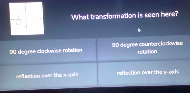 What transformation is seen here?
90 degree counterclockwise
90 degree clockwise rotation
rotation
reflection over the x-axis reflection over the y-axis