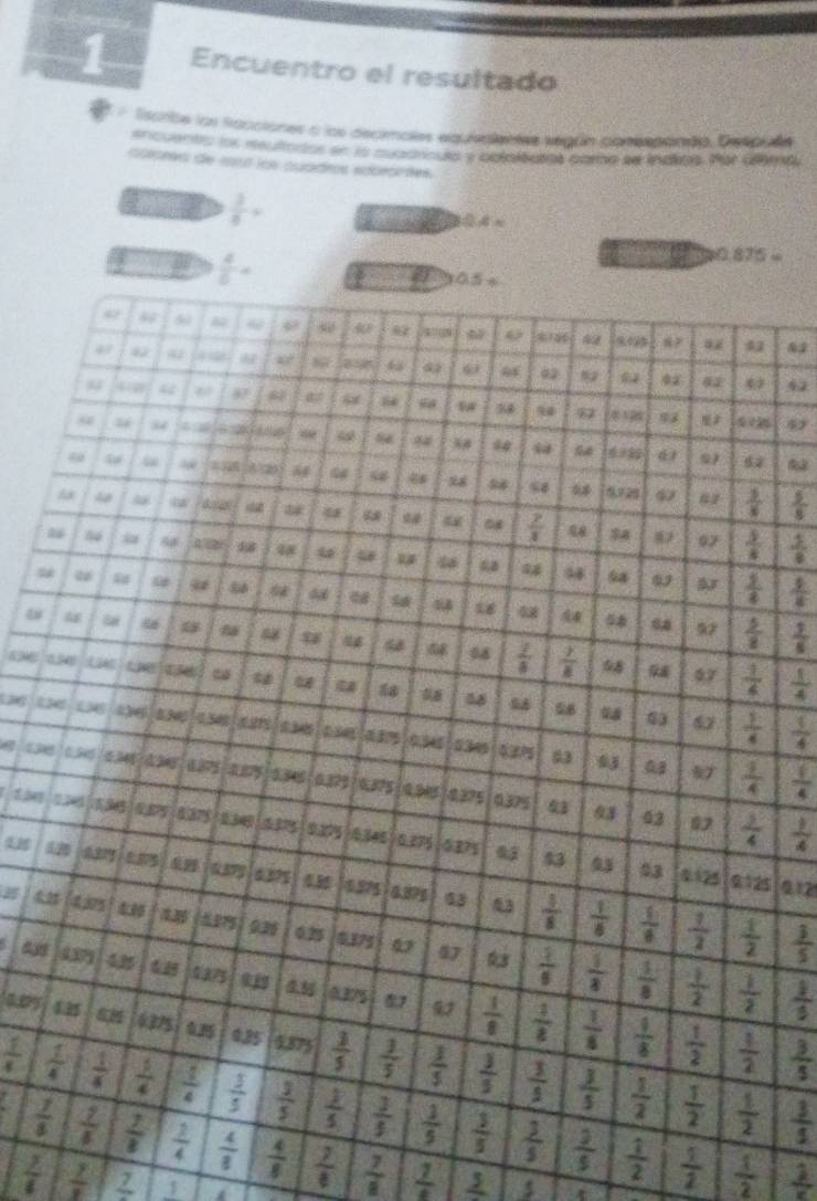 Encuentro el resultado
* Escribe los fracciones a los decimoles equivalentes según conespando. Despula
encuento lon meultados en la muadroula y oblaloutas coro se indios. Por albend
aopres de mut lo cuadros adbeartes
 3/8 =
o
875=
&3
42
92
 5/8 
 1/6 
 1/8 
A
 3/8 
 1/4 
1
 1/4 
 1/4 
 1/4 
1,241
212
 3/5 
41
 1/5 
 3/5 
 1/4 
 3/5 
-  7/8   4/8   7/4   7/8   7/4 
 1/4   7/8  frac 7 1
 1/2   1/2   1/2   1/c 
frac 5 5 t