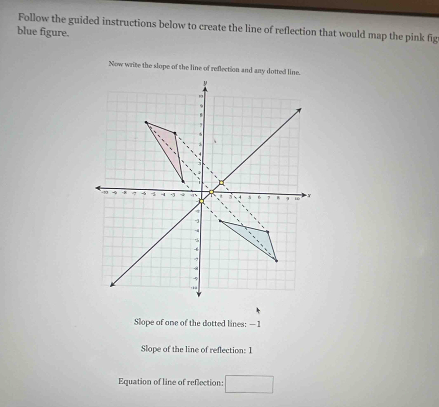 Follow the guided instructions below to create the line of reflection that would map the pink fig 
blue figure. 
Now write the slope of the line of reflection and any dotted line.
y
10
9
8
7
6
5
3
−20 -9 -8 7 -6 -5 ~ -3 -1  2 4 5 6 7 8 9 10 x
-2
-3
-4
·5
-6
-7
-8
-9
-10
Slope of one of the dotted lines: — 1
Slope of the line of reflection: 1
Equation of line of reflection: □