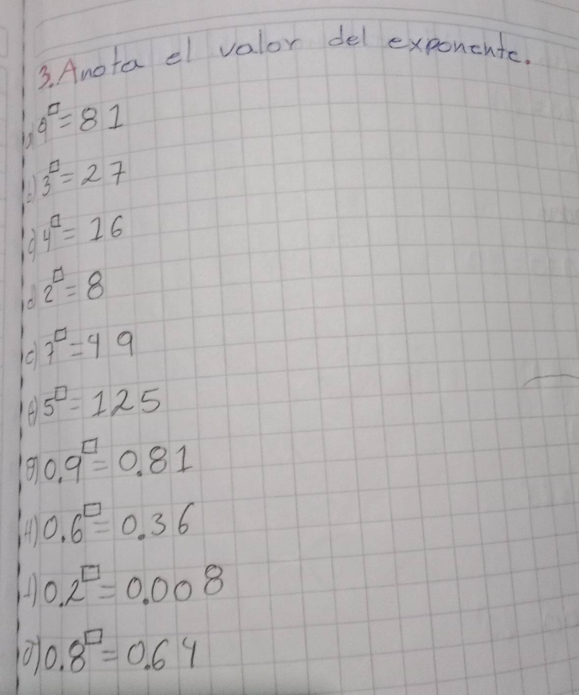 Anota el valor del exponcute.
4^(□)=81
3^(□)=27
O 4^1=16
2^(□)=8
C 7^(□)=49
4 5^(□)=125
91 0.9^(□)=0.81
0.6^(□)=0.36
0.2^(□)=0.008
0.8^(□)=0.64