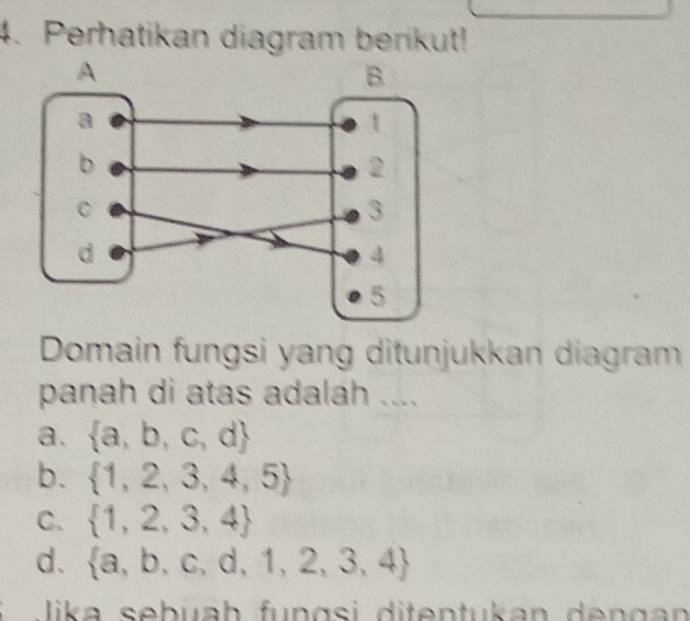 Perhatikan diagram berikut!
Domain fungsi yang ditunjukkan diagram
panah di atas adalah ....
a.  a,b,c,d
b.  1,2,3,4,5
C.  1,2,3,4
d.  a,b,c,d,1,2,3,4
Jika sebuah fungsi ditentukan dengan