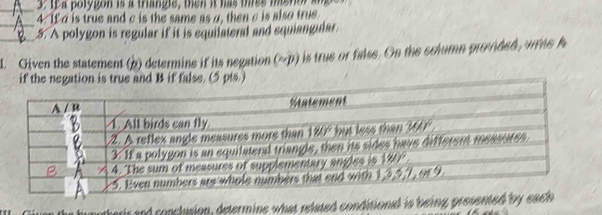 Ip a polygon is a trangle, then it has thres menor angie n 
_a 4. Ifd is true and c is the same as α, then c is also true 
_5. A polygon is regular if it is equilateral and equiangular. 
_L Given the statement (b) determine if its negation (~p) is true or faise. On the column provided, write h 
) 
a hupotheris and conclusion, determine what related conditional is being presente