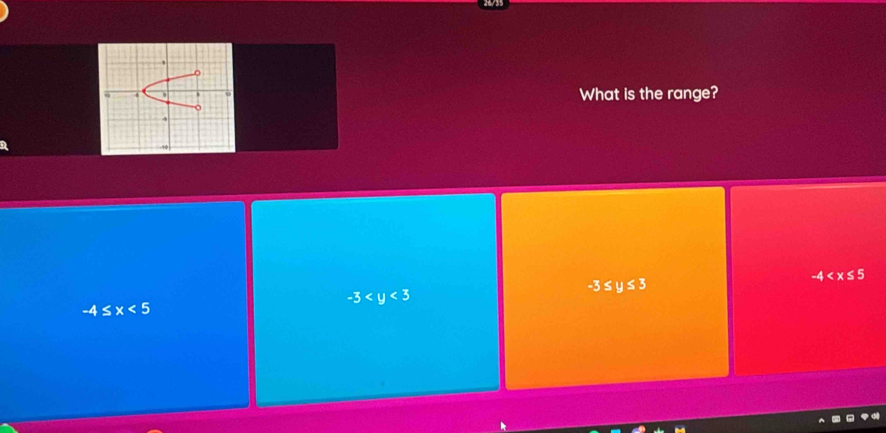 What is the range?
-4
-3
-3≤ y≤ 3
-4≤ x<5</tex>