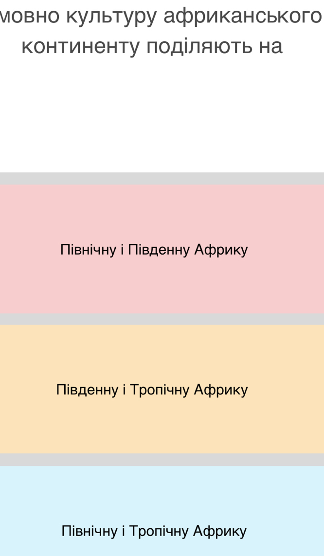 Мовно Κультуру африканськог
Κонтиненту поділяють на
Νівнічну і Південну Африку
Πвденну Тролічну Африку
Πівнічну ⅰ Троπічну Африку