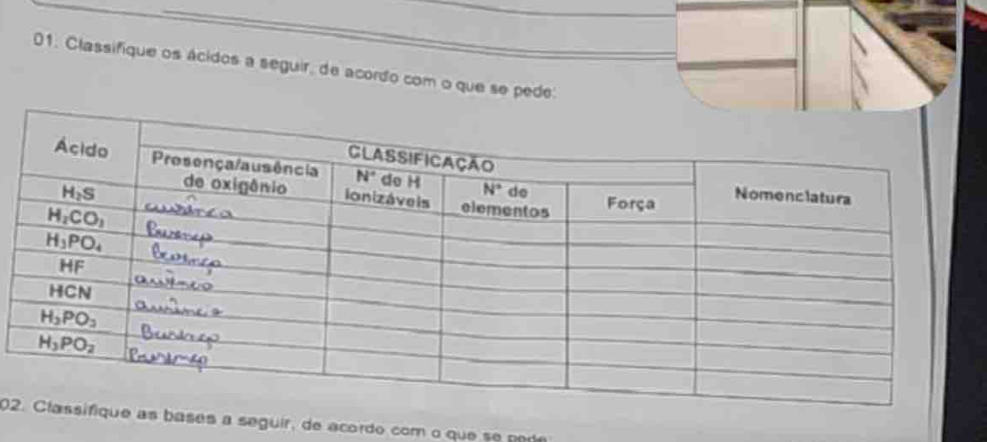 Classifique os ácidos a seguir, de acordo com o que se pede:
02as bases a seguir, de acordo com o que se pode