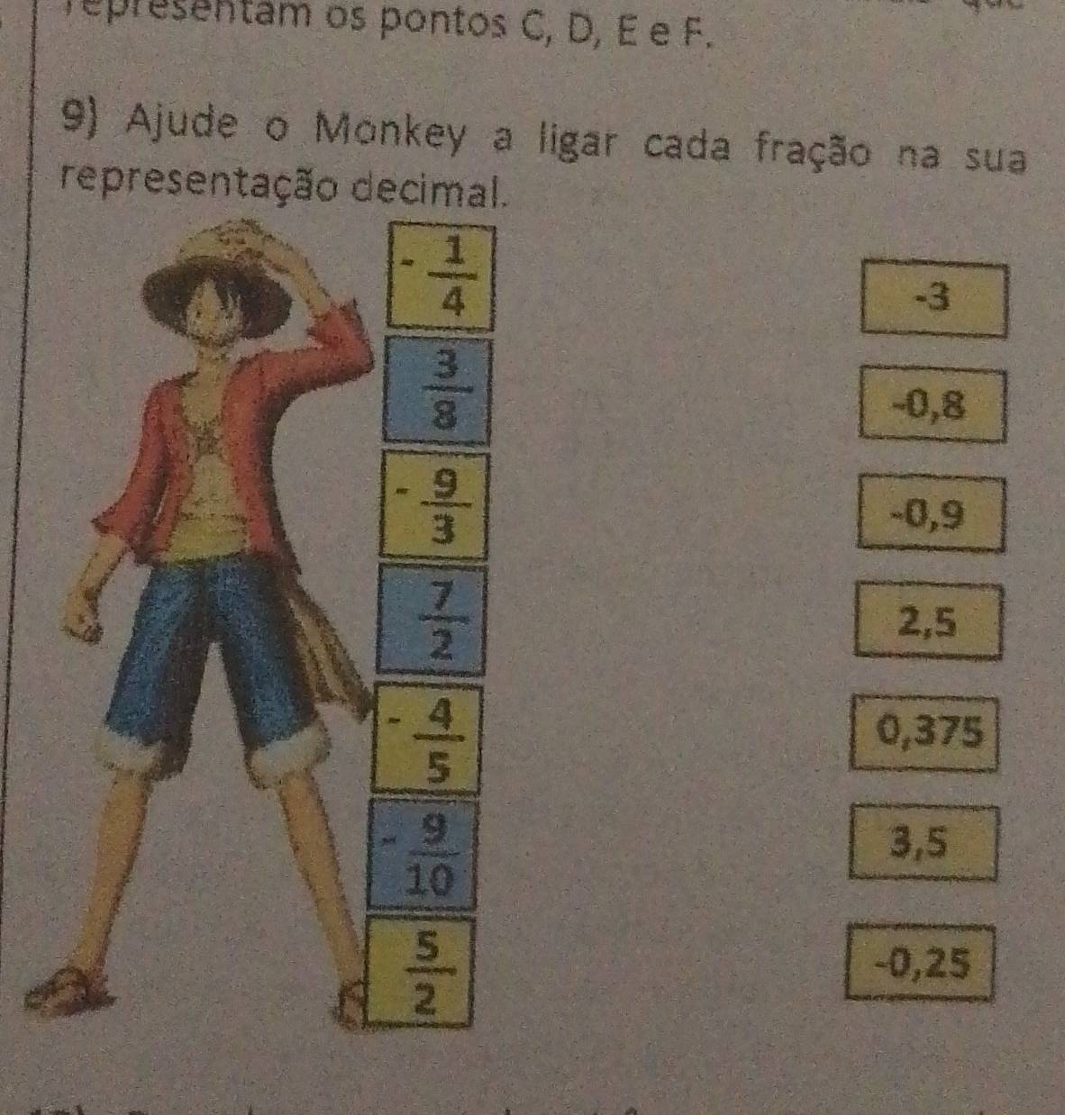 representam os pontos C, D, É e F.
9) Ajude o Monkey a ligar cada fração na sua
representação decimal.
- 1/4 
-3
 3/8 
-0,8
- 9/3 
-0,9
 7/2 
2,5^(frac 4)5
0,375
- 9/10 
3,5
 5/2 
-0,25